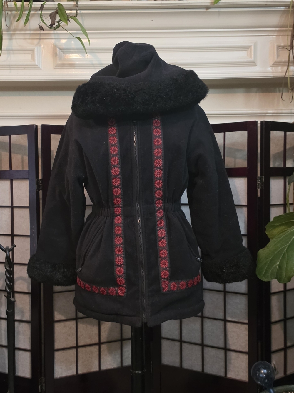 Rothschild Black Hooded Pea Coat with Red Embroidered Trim